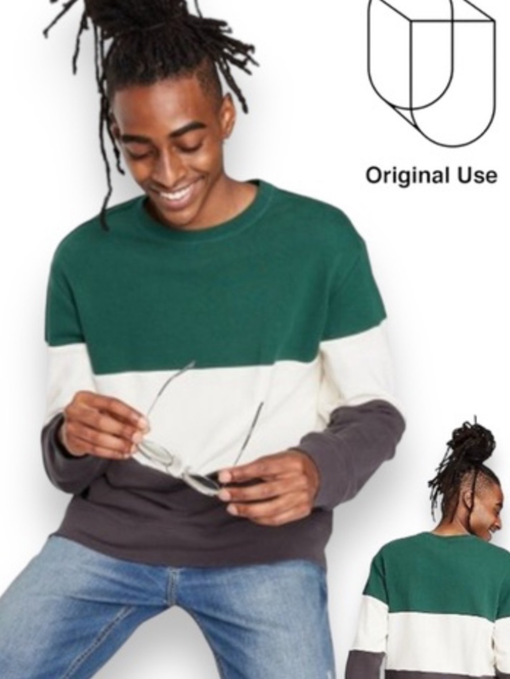Original Use Colorblock Crewneck Sweater Green White M